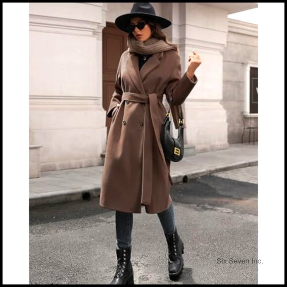 Winter Wool Blend Coat Double Breasted Notch Lapel Long Trench Peacoat - Picture 4 of 6